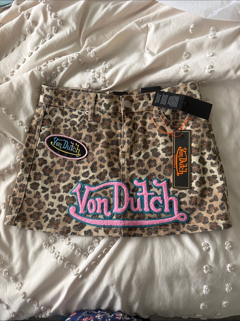 Von Dutch Leopard Print Mini Skirt with Pink & Teal Logo